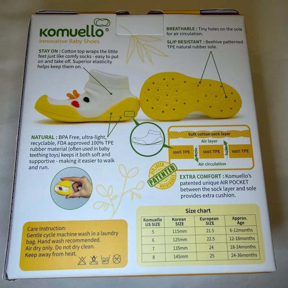 Komuello Penguin Yellow Baby Shoes US 5 Innovative Non-Slip Sock Shoes